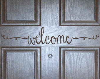 Welcome scroll wall decal, Welcome door decal, Entry decal, Stylish door quote, Greeting for home, House door saying, Entry vinyl lettering
