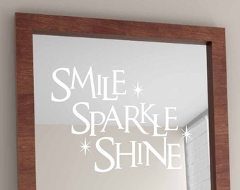 Smile Sparkle Shine bathroom wall decal, Dental Office decor, Dentist decal, Mirror decal, Teen bedroom, Inspirational quote vinyl lettering