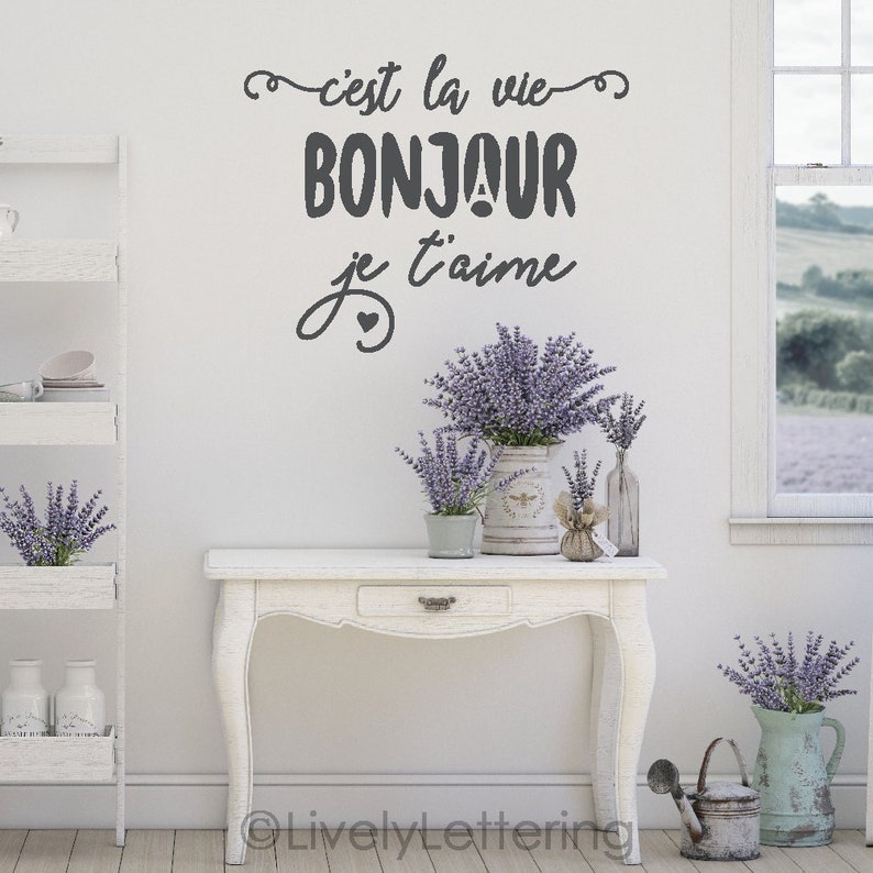 C'est La Vie Bonjour Je T'aime Set 3 Words or Single decal French Country wall art Provence decor Word stickers Paris wall image 1