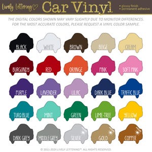 K&ouml;nnte beinhalten: Eine Tabelle mit 20 Auto-Folienfarben, dargestellt als kleine Autosilhouetten. Die Farben umfassen Schwarz, Wei&szlig;, Braun, Beige, Creme, Burgunderrot, Rot, Orange, Rosa, Hellrosa, Lila, Lavendel, Flieder, Dunkelblau, Verkehrsblau, T&uuml;rkisblau, Mint, Gr&uuml;n, Limette, Gelb, Dunkelgrau, Mittelgrau, Silber, Gold und Kupfer.