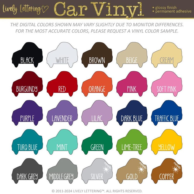 K&ouml;nnte beinhalten: Eine Tabelle mit 20 Auto-Folienfarben, dargestellt als kleine Autosilhouetten. Die Farben umfassen Schwarz, Wei&szlig;, Braun, Beige, Creme, Burgunderrot, Rot, Orange, Rosa, Hellrosa, Lila, Lavendel, Flieder, Dunkelblau, Verkehrsblau, T&uuml;rkisblau, Mint, Gr&uuml;n, Limette, Gelb, Dunkelgrau, Mittelgrau, Silber, Gold und Kupfer.