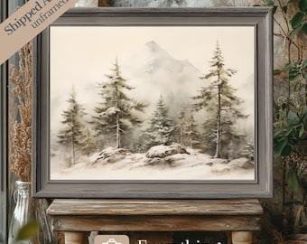 Vintage Winter Alps Forest Print: Snowy Farmhouse Christmas Wall Art