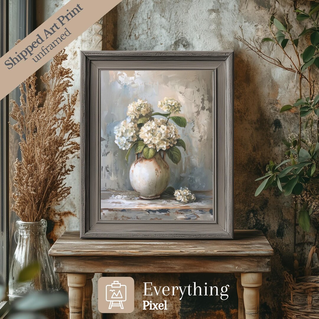 White Hydrangea Wall Art Print Floral Still Life Painting Vintage ...