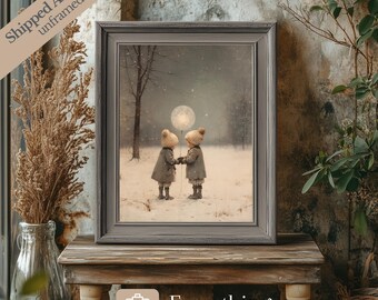 Vintage Winter Children Art Print | Muted Balloon Landscape Poster