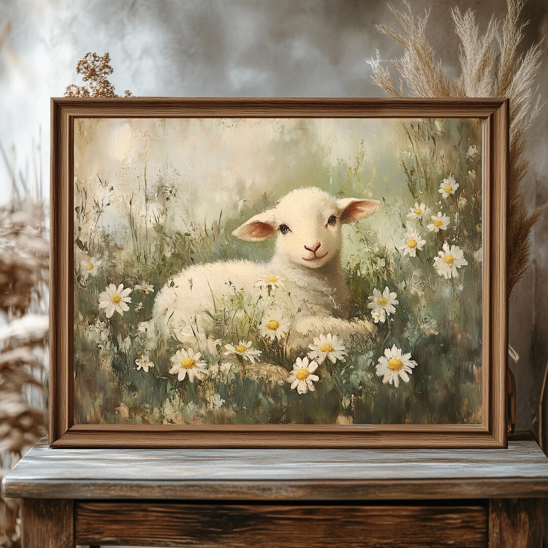 Lamb and Wildflower Meadow Printable Wall Art Spring Serenity Nostalgic ...