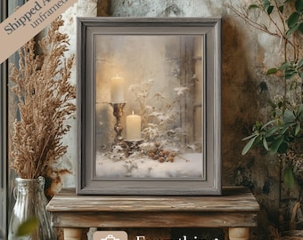Vintage Winter Candles Art Print, Snowy Cottagecore Christmas Decor