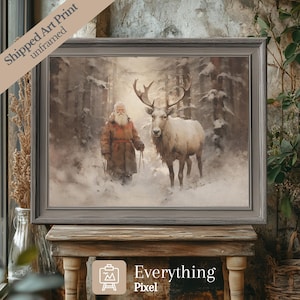 Impressão de arte de parede de Papai Noel com rena, pintura de rena vintage, arte rústica sazonal de inverno, pôster de papel de alta qualidade