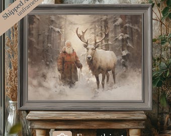 Vintage Santa and Reindeer Print: Rustic Winter Wall Art