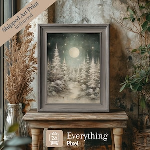 Stampa artistica da parete con notte invernale magica, opera d'arte vintage del bosco invernale, stampa incantevole della notte di Natale, poster di carta del paese delle meraviglie invernale svedese