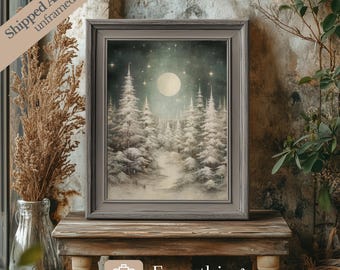 Vintage Winter Woodland Art Print: Starry Christmas Night Poster