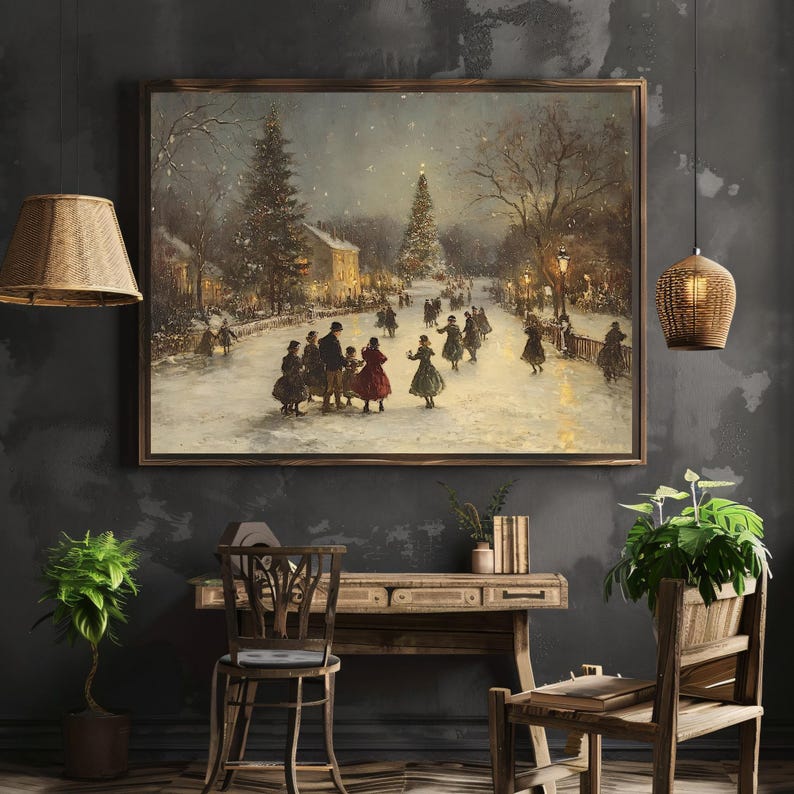 Victorian Christmas Village Art Print, Snowy Festive Decor image 3