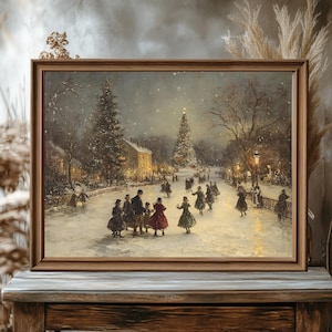 May include: A vintage-style painting of a snowy winter scene with people ice skating on a frozen pond. A large Christmas tree is in the background, and the scene is lit by streetlights and lanterns.