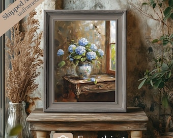Blue Hydrangea Still Life Painting: Vintage Floral Wall Art Print