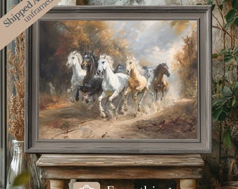 Stampa artistica vintage di una mandria di cavalli: dipinto western in stile fattoria