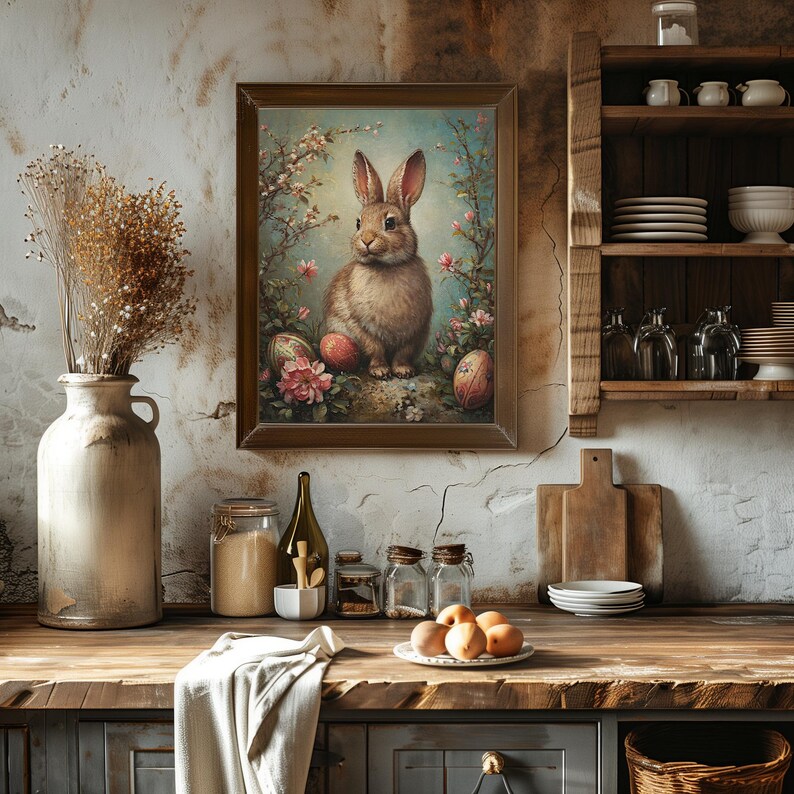 May include: A framed painting of a brown rabbit sitting on a rock surrounded by flowers and Easter eggs. The painting is in a rustic kitchen setting with a wooden shelf and a wooden countertop.