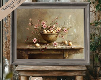 Vintage Easter Still Life Art Print, Rustic Farmhouse Kitchen Decor
