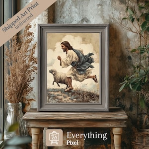 Jesus and Sheep Wall Art Print Vintage Christian Spring Artwork Jesus running with his Lamb Easter Farmhouse Decor Good Shepherd Print