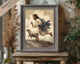 Jesus and Sheep Print, Vintage Christian Farmhouse Easter Decor