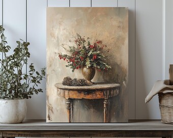 Rustic Christmas Canvas Print: Holly & Pinecone Holiday Wall Art