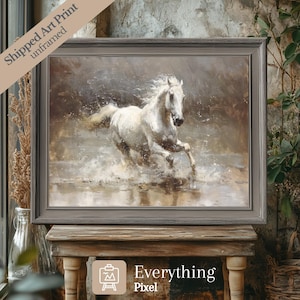White Horse Wall Art Print Vintage Farmhouse Oil Painting Western Artwork Southwestern Horse Print Equestrian Art Mailed Print