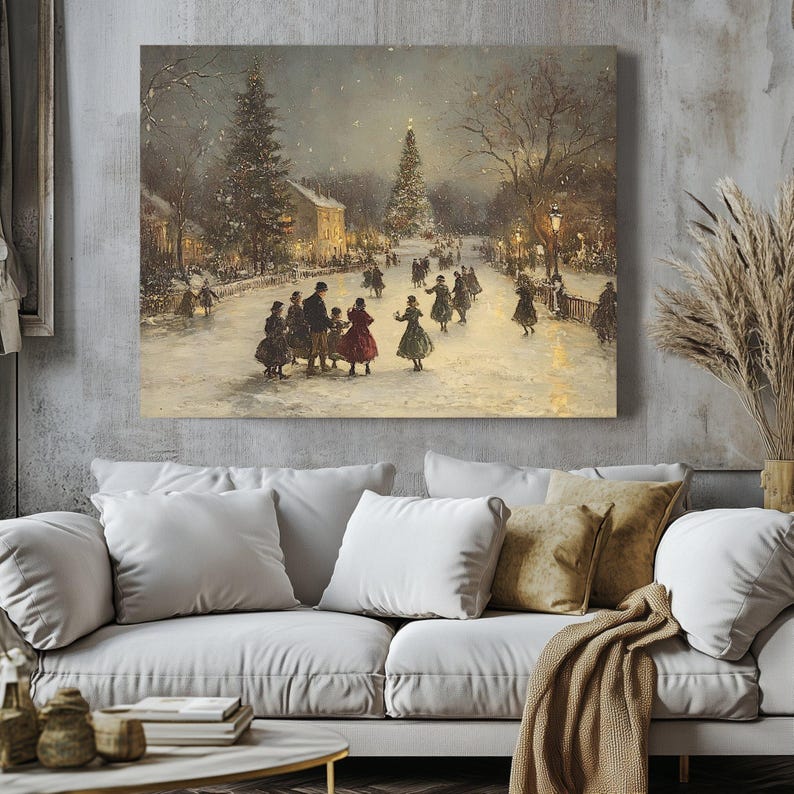 Victorian Christmas Village Art Print, Snowy Festive Decor image 7