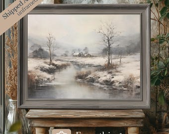 Impresión vintage de paisaje invernal: arte de granja nevado