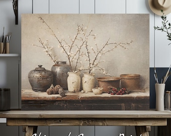 Winter Still Life Canvas Print: Rustic Cottagecore Kitchen Decor