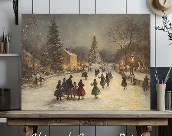 Victorian Christmas Canvas Print: Festive Village Scene