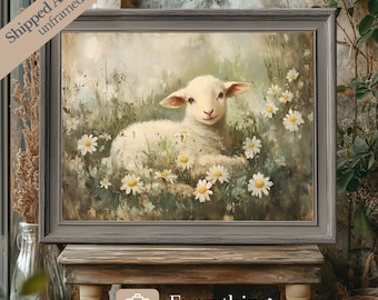 Vintage Lamb Print, Spring Lamb Oil Painting, Easter Lamb Wall Art