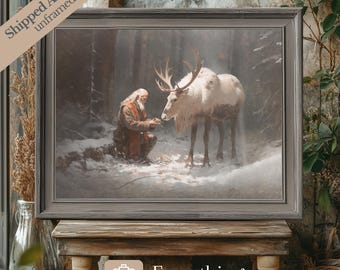 Vintage Santa and Reindeer Print: Winter Woodland Art