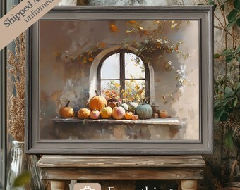 Rustic Pumpkin Still Life Art Print: Vintage Autumn Window Decor