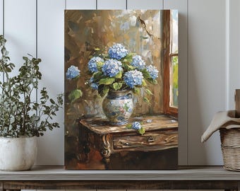 Blue Hydrangea Canvas Print, Vintage Floral Still Life, Rustic Farmhouse Decor