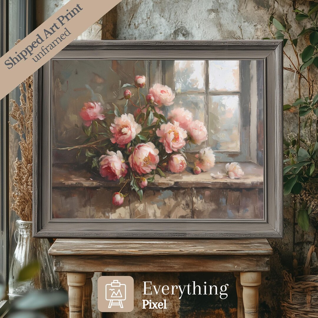 Pink Peonies Still Life Print | Vintage Floral Farmhouse Wall Art - Etsy