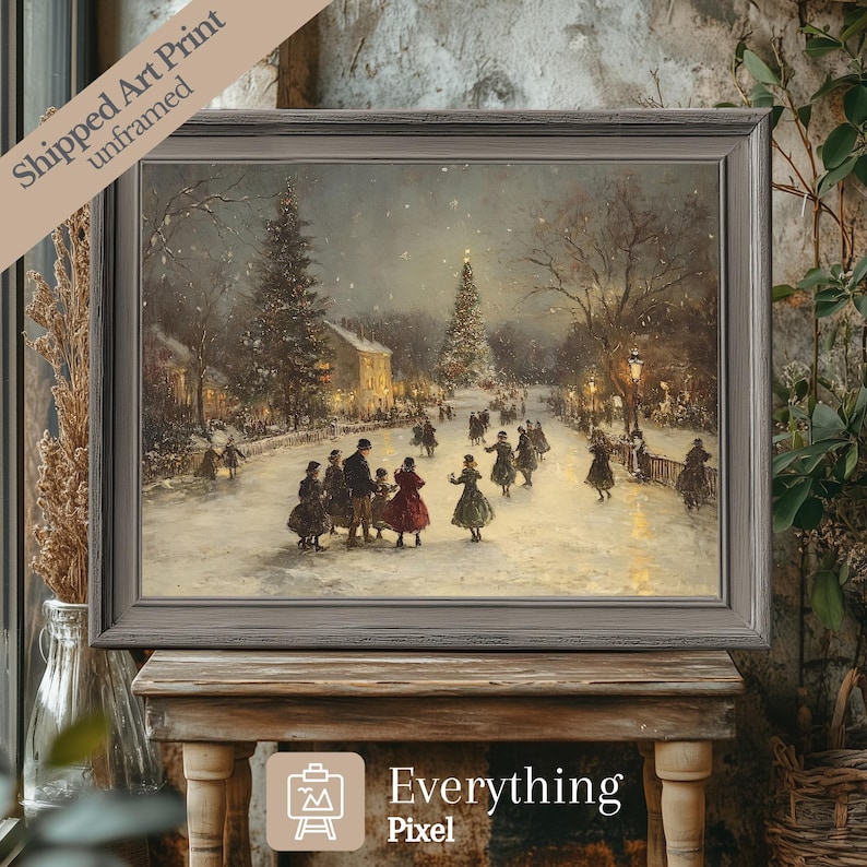 May include: A vintage-style painting of a snowy winter scene with people ice skating in front of a large Christmas tree. The painting is framed in a dark gray frame and is hanging on a wooden wall.