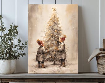 Vintage Christmas Tree Canvas Print: Children Decorating, Farmhouse Winter Scene