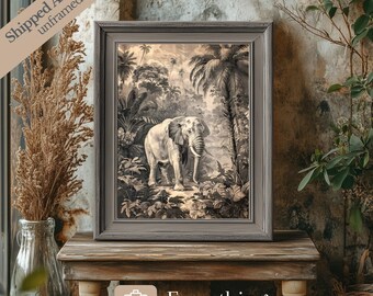 Vintage Elephant Print: Monochromatic Jungle Artwork, Antique Farmhouse Decor