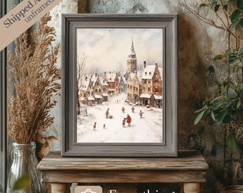 Lámina artística vintage de un pueblo invernal: Paisaje nevado