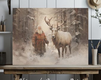 Santa and Reindeer Canvas Print: Rustic Winter Farmhouse Decor