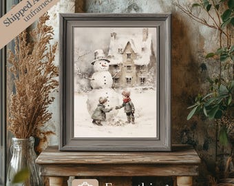 Vintage Snowman Print: Children Building Snowman, Winter Landscape