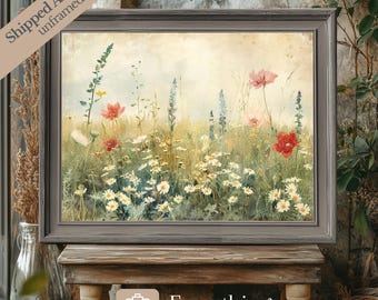 Vintage Wildflower Meadow Art Print: Soft Pastel Spring Floral