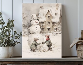 Children with Snowman Canvas Print: Vintage Winter Farmhouse Decor