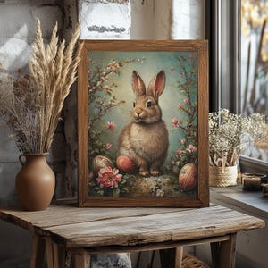 May include: A framed painting of a brown rabbit sitting in a field of flowers with Easter eggs. The rabbit is surrounded by pink and white flowers and green leaves. The painting is in a wooden frame.