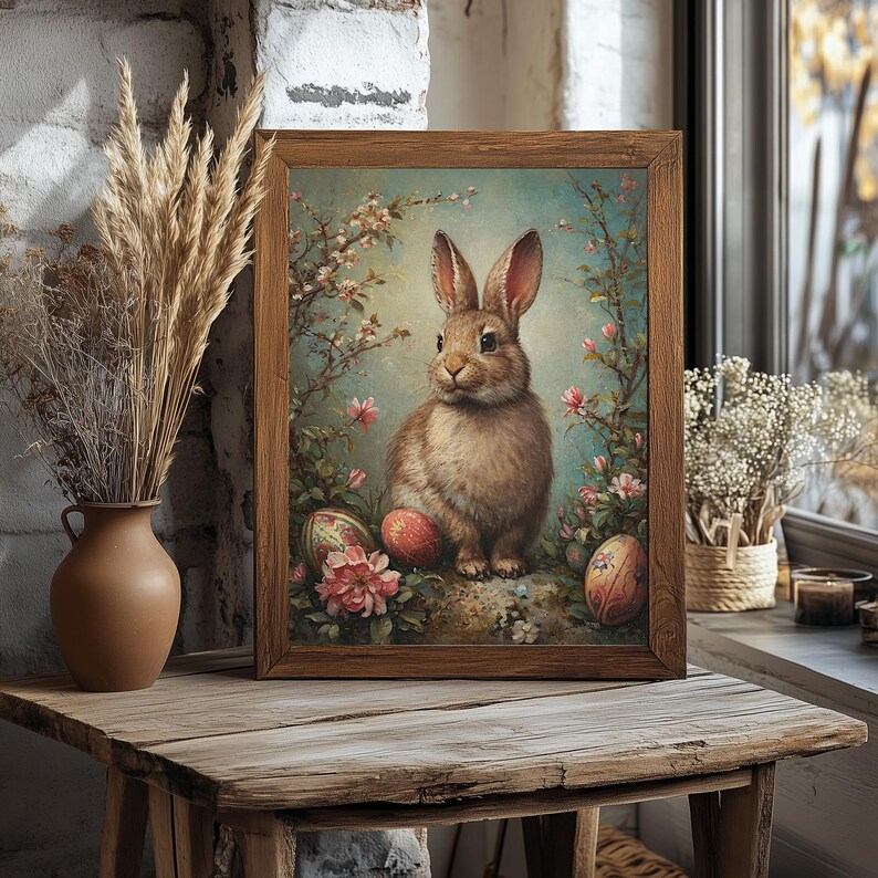 May include: A framed painting of a brown rabbit sitting in a field of flowers with Easter eggs. The rabbit is surrounded by pink and white flowers and green leaves. The painting is in a wooden frame.