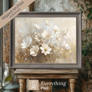 White Wildflowers Wall Art Print Muted Vintage Spring Flower Painting Warm Tone Artwork Earth Tone Print Neutral Wildflower Wall Art