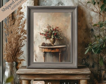 Rustic Christmas Print: Holly, Pinecone & Bronze Vase Still Life