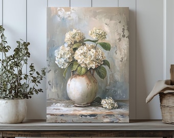 Hydrangeas Still Life Canvas Print: Vintage Floral Farmhouse Decor