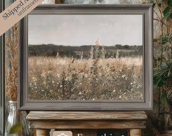 Vintage Wildflower Field Art Print, Muted Tone Landscape