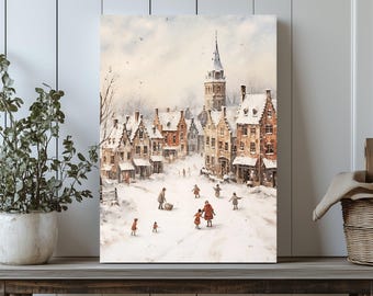 Impresión en lienzo vintage de un pueblo invernal: decoración navideña de un pueblo nevado