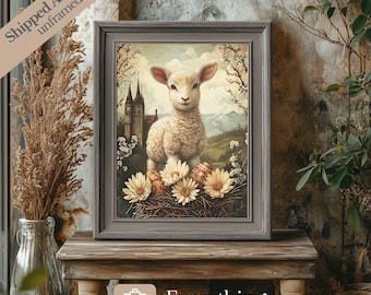 Vintage Lamb Art Print: Farmhouse Easter Cottagecore Decor