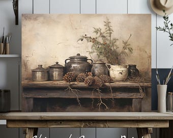 May include: A rustic still life painting featuring a collection of vintage pots and pans, pine cones, and a sprig of greenery on a wooden table. The background is a textured wall with a faded, vintage look.
